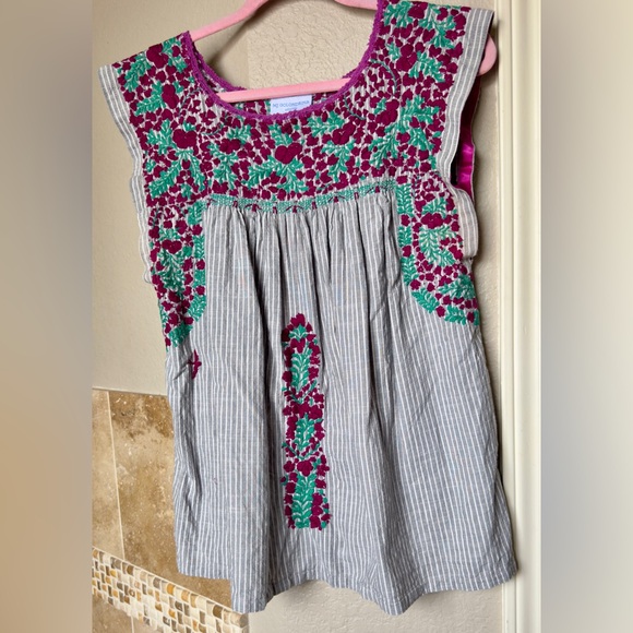 MI GOLONDRINA Flores Blouse - Grey Pinstripe Cotton Top w Red Green Embroidery - Picture 12 of 16